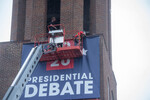 Presidental Debate 2020 Banner on Bell Tower 03 by Belmont University and Sam Simpkins