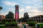 Presidental Debate 2020 Banner on Bell Tower at Sunset 01 by Belmont University and Sam Simpkins