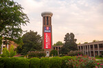 Presidental Debate 2020 Banner on Bell Tower at Sunset 04 by Belmont University and Sam Simpkins
