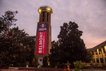 Presidental Debate 2020 Banner on Bell Tower at Sunset 07 by Belmont University and Sam Simpkins