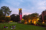 Presidental Debate 2020 Banner on Bell Tower at Sunset 10 by Belmont University and Sam Simpkins