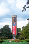 Presidental Debate 2020 Banner on Bell Tower at Sunrise 03 by Belmont University and Sam Simpkins