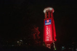 Presidental Debate 2020 Banner on Bell Tower at Night 03 by Belmont University and Sam Simpkins